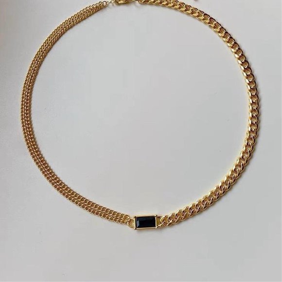 Thick Chain Necklace Gold, Black Onyx Necklace, Two Chain Necklace, Layerable - Picture 3 of 4